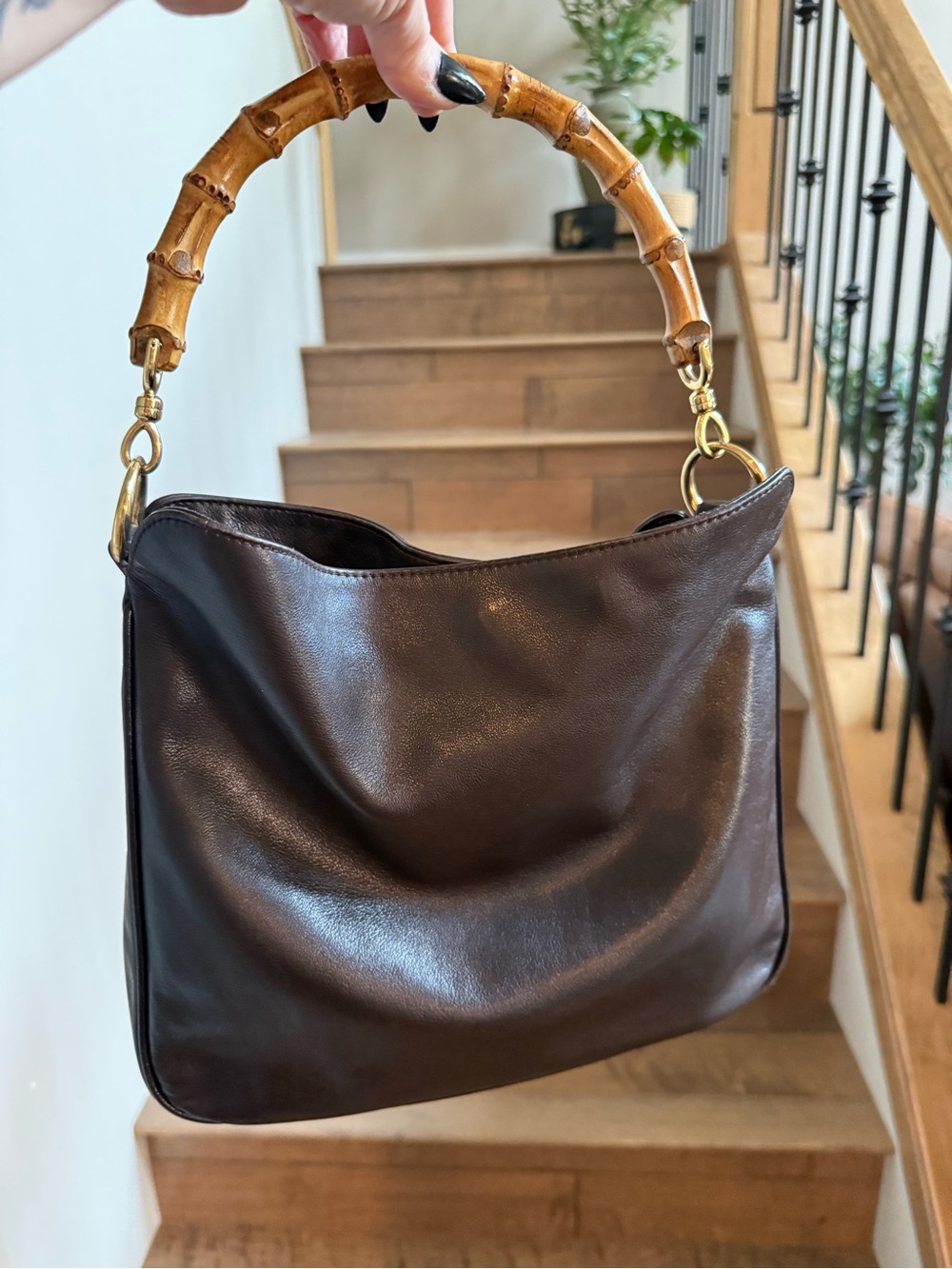 Gucci Dark Brown Leather Shoulder Bag with Bamboo Handle